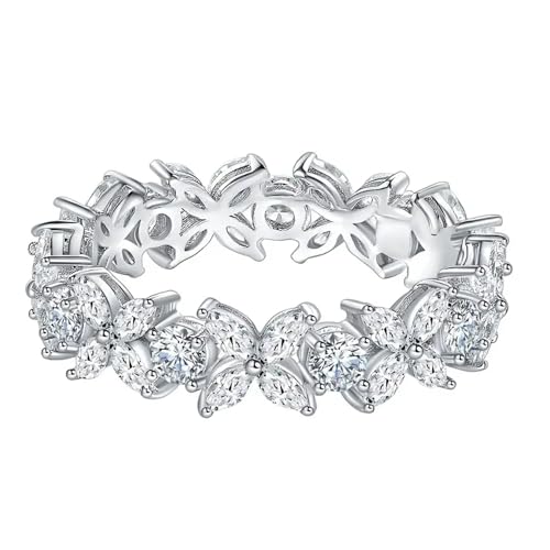 LAKSHMI NAVRATNA 925 Sterling Silver Butterfly White Diamond Full Eternity Band, Women's Wedding Band, Round and Marquise Cut, Sizes 4-13