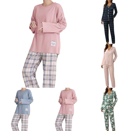 Pijama Mujer Invierno Conjunto de Camiseta de Manga Larga y Pantalón Largo Conjunto de Pijama Mujer Algodón Pijama de Invierno Ropa de Dormir Suave para Mujer Pijamas Mujer Invierno