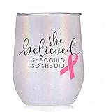 Breast Cancer Awareness Gift Large 12oz GLITTER White Tumbler for Wine or Coffee- Idea for Women, Post Surgery, Survivor, Chemo, Glass, Care Packages, Baskets, Chemotherapy Patients