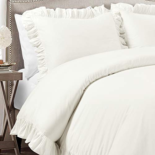 Image of Lush Decor Reyna Ruffle Cotton Duvet Cover Set 3 Piece Set California King, White - King Size Bedding Set - White Duvet King - Ruffled Bedding - Coquette Decor