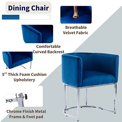 Image of HNY Mid Century Modern Upholstered Barrel Dining Chairs with Arms Set of 3, Velvet Kitchen & Dining Room Chairs, 18.5 inch Wide Accent Chairs for Dining Room Living Room with Chrome Metal Frame, Blue