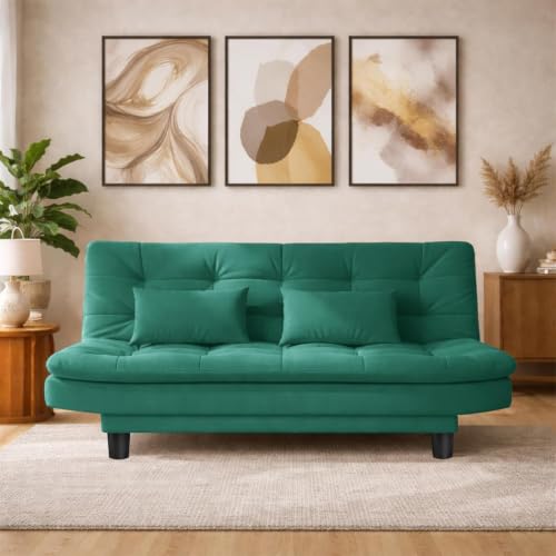 Image of Modern Three Seater Sofa Cum Bed with Cushions, Foldable Couch, Velvet Fabric Sleeper Sofa for Living Room, Guest Room, Green