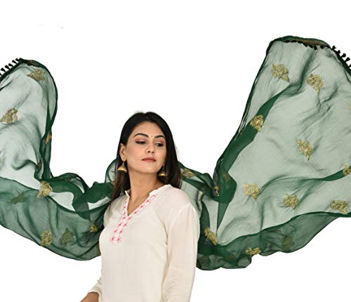 Image of YOUTHQUAKE Golden Patti Embroidered Work Chiffon Dupatta for Womens & Girls with Jaalar Lace