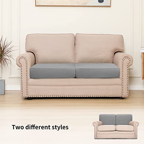 Image of Easy-Going Stretch 2 Pieces Loveseat Couch Cushion Cover for 2 Seat | Individual Furniture Protector Sofa slipcover for 2 Cushion Couch Washable Soft with Elastic Bottom Light Gray