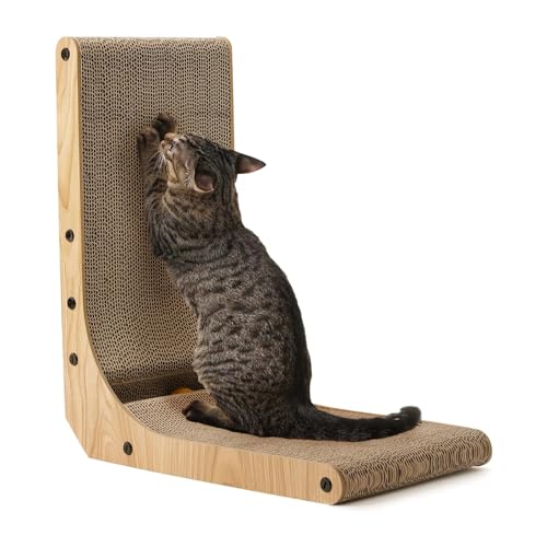 FUKUMARU Cat Scratcher, 18.7 Inch L Shape Cat Scratch Pad Wall Mounted, Cat Scratching Cardboard with Ball Toy for Indoor Cats 1 Pack 18.7 in Wood Color