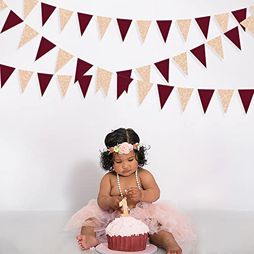Image of Burgundy Party Decorations Maroon Champagne Gold Triangle Banner Flag Bunting Pennant for Birthday Engagement Wedding Bridal Shower Baby Shower Anniversary Bachelorette Hen Party Decorations Supplies