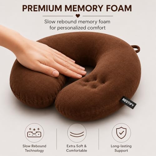 Image of Restify Premium Memory Foam Travel Neck Pillow | Soft Velvet U Shape Neck Support Cushion for Flight, Airplane, Car & Office Travel | Portable Pillow for Men & Women | Brown