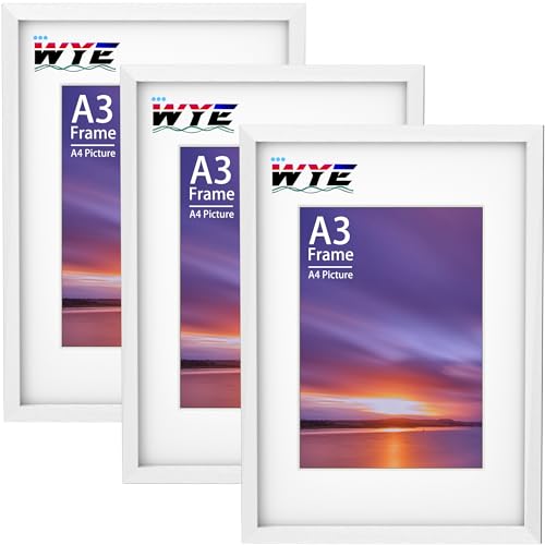 wyewye A3 Picture Frame 3 Pack, Wood A3 Frame with A4 Mount for 29.7 x 42 cm Photo, Only Wall Hanging, Plexiglass, White