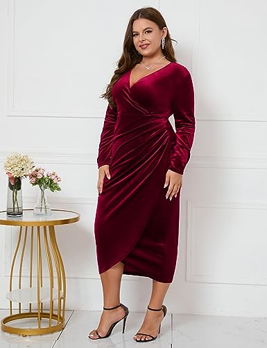 Image of ZOMVA Plus Size Velvet Wrap Dress Ruched Bodycon Dress Long Sleeves Ruffle Long Elegant Party Wedding Guest Cocktail Holiday