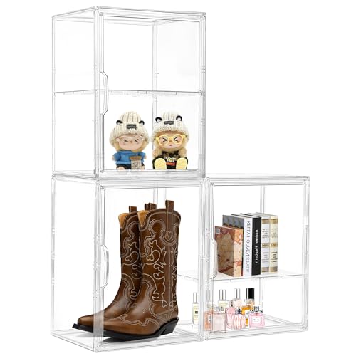 Attelite Acrylic Display Case Compatible with Labubu POP MART, Clear Stackable Plastic Storage Bins with Magnetic Lid, Display Box for Large Figures Collectibles, Cosmetic, Shoe, Perfume and Purse