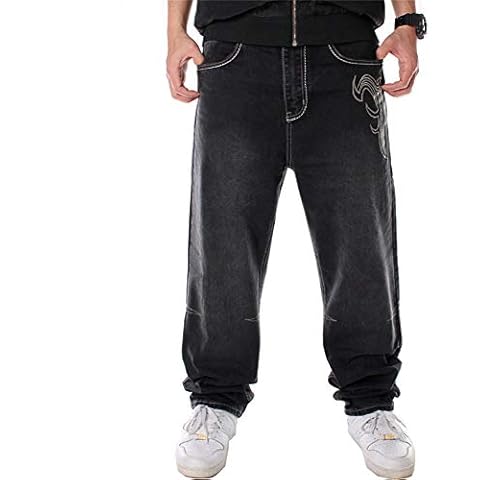 LUOBANIU Men's Hip-hop Embroidered Printed Baggy Jeans Loose Fit Dance Skateboard Denim Long Jeans - Black - 42 Cover
