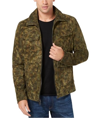 Michael Kors Mens Green Camo Full Zip Suede Trucker Jacket Winter Coat Size...