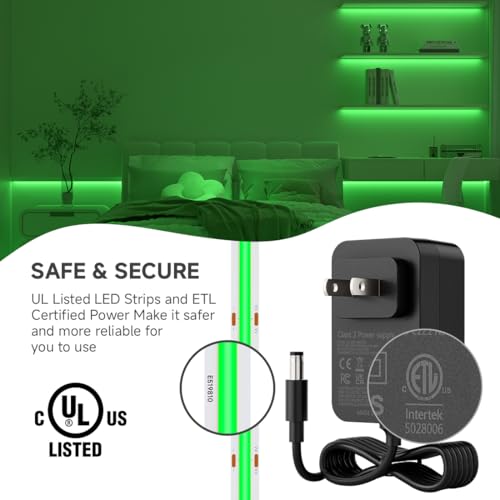 Image of BTF-LIGHTING Green Color COB LED Strip Light, UL Listed High Density Flexible Tape Light with RF Remote & ETL Power Adapter, DC12V 16.4FT Ultra Bright Light for Cabinet Kitchen Home Indoor Lighting