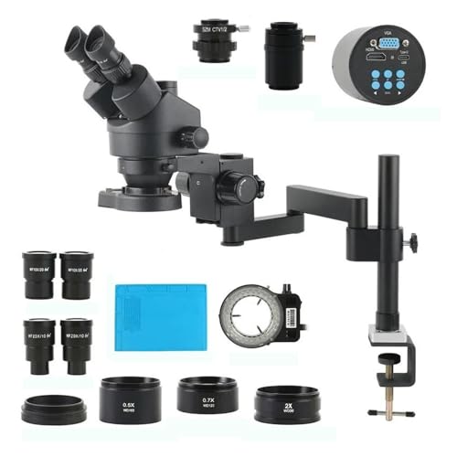 Microscope 3.5-180X Parfocal Simul-Focus Trinocular Stereo Microscope Rotation Articulating Arm HDMI VGA Type-C Camera Set