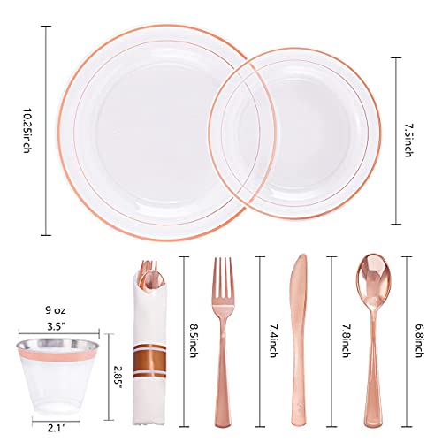 I00000 210 Pcs Rose Gold Plastic Plates With Silverware, Clear Disposable Dinnerware Includes: 30 Dinner Plates 10.25" 30 Dessert Plates 7.5" 30 Cups 30 Per Rolled Napkins With Cutlery For Party #TOP1