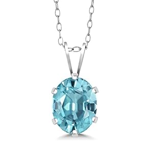 Gem Stone King 925 Sterling Silver Blue Zircon Pendant Necklace For Women (1.20 Cttw, Oval 7X5MM, With 18 Inch Silver Chain)
