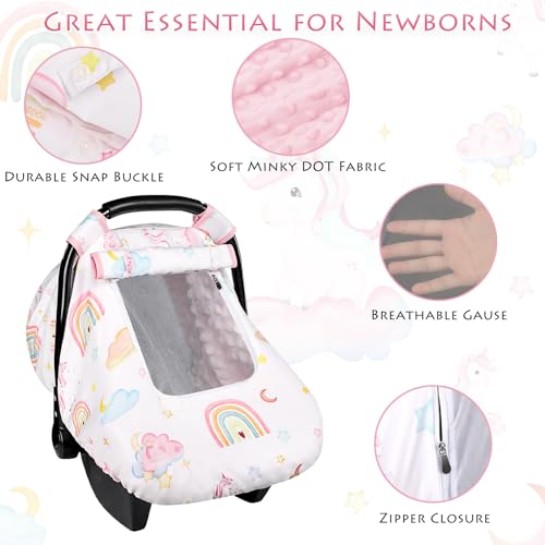 Image of Baby Carseat Cover Girls, Pea Pod Unicorn Infant Car Seat Covers Canopy for Newborn with 2 Layers Windows of Breathable Mesh /Fabric, Lightweight Polyester /Minky Dot Backing, Snug Fit
