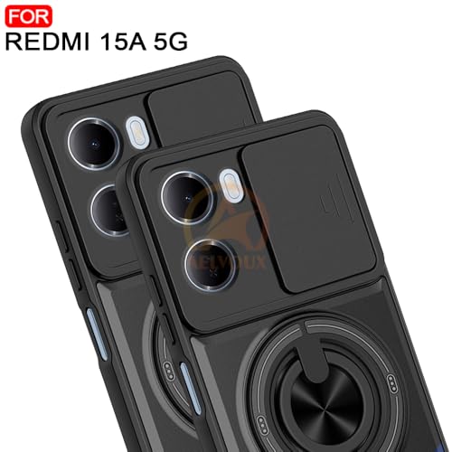 Image of Redmi 15A 5G Back Cover | Armor Camera Slider 360 Degree Rotating Finger Ring Holder Case with Bracket Stand Back Case Cover (Compatible with MagSafe Accessories) (Black)