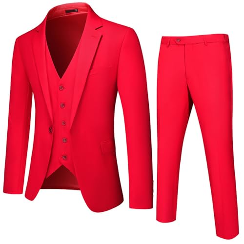 Costume homme 3 pièces slim fête business veste pantalon gilet rouge 4TG