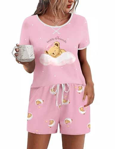 Image of Ekouaer Women Pajama Set Casual Short Set Pink-Wind Love Cartoon Bear Small
