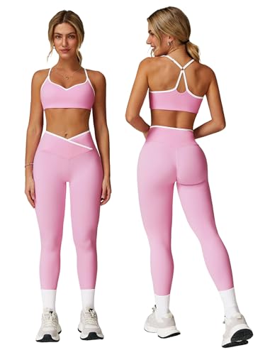 ABOCIW Women’s Color‑Block 2‑Piece Set: Strappy Sports Bra & Crossover High‑Waist Leggings