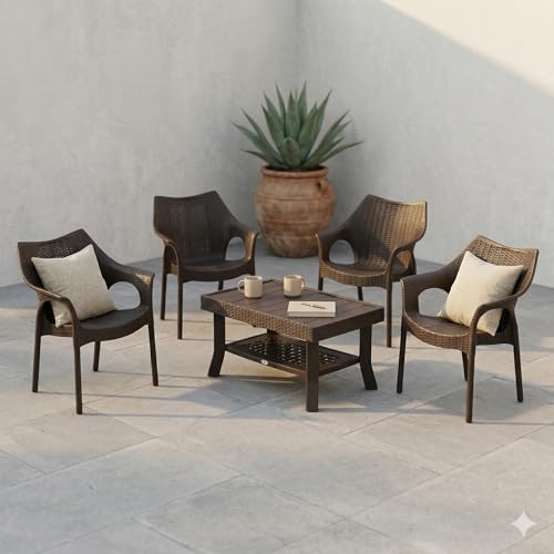 Image of Oaknest Supreme Cambridge with Vegas Plastic Outdoor Chair and Table Set | 4 Rattan Chairs + 1 Table | Weatherproof, Lightweight | Garden & Patio Use Wenge