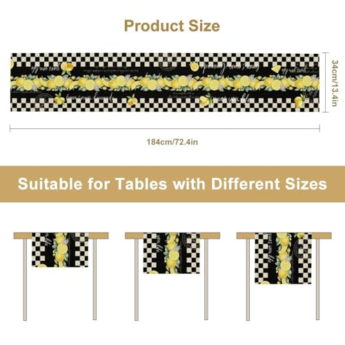 Image of Lemon Table Runner 13 inchx72 inch - Italian Style Black White Checkered Kitchen Table Decor with Yellow Lemons and Floral Print - Rustic Vintage Dining Room or Summer Party Decoration