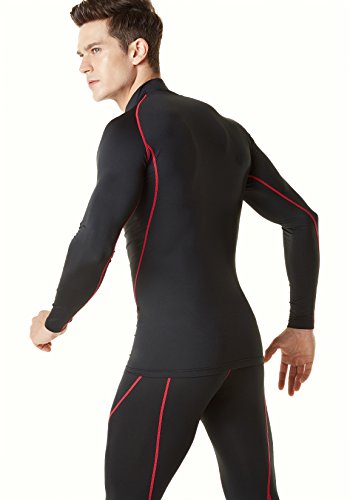 TSLA Men's Thermal Long Sleeve Compression Shirts, Mock/Turtleneck Winter Sports Running Base Layer Top, Thermal Mock Neck(yut32) - Black & Red, Large