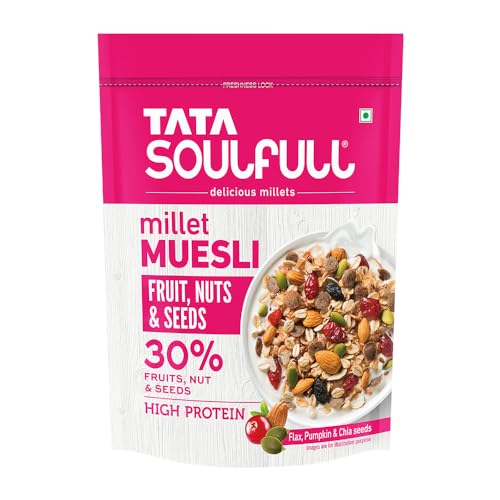 Image of Tata Soulfull Fruit Nuts & Seeds Millet Muesli, 500g, Source of Protein, Rich in Fibre, 30% Fruit, Nut & Seeds, Contains Ragi & Jowar, Contains Almonds, Flax Seeds, Chia Seeds, Pumpkin Seeds