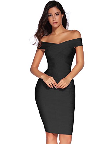 meilun Women's Off Shoulder Bandage Dress Bodycon Party Wedding Guest Dress(Black,M)