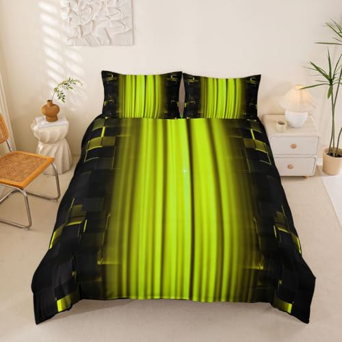Homewish Housse de Couette Enfant Abstract Ombre,Parure de Lit 140x200 Néon Noir et Jaune,Sets de Housses de Couettes Bandes Géométriques À Échecs,Couvre Lit Mode Preppy