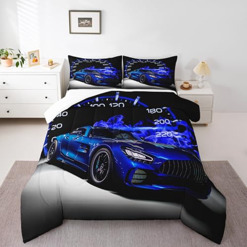 Image of Feelyou Race car Comforter Set Toddler Size for Girls Boys Cool Speed Sports Car Comforter Racing Car Bedding Set Extreme Sports Duvet Set 2Pcs Quilt Set