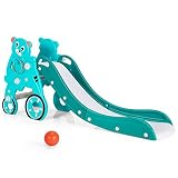 COSTWAY Tobogán 3 en 1 para Niños, Tobogán Plegable para Niños con Canasta y Aros, Peldaños Antideslizantes, Material Seguro, Forma de Oso, Ideal para...