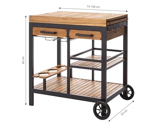 Dehner Servierwagen Liverpool, rollbar, mit Gläserhalterung, 150 x 82 x 52 cm, Aluminium/FSC®-zertifiziertes Akazienholz, schwarz/Natur