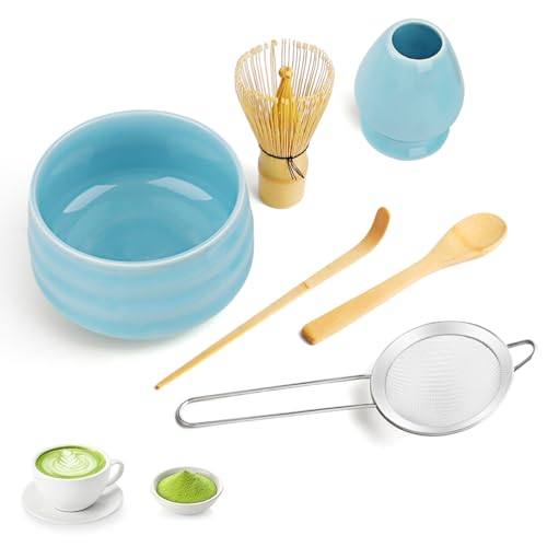 YARVPUV 6 Pièces Matcha Kit – Kit Matcha Complet avec Fouet Matcha, Bol Céramique, Support, 2 Cuillère, Tamis, Set Matcha Premium pour Préparation – Bleu