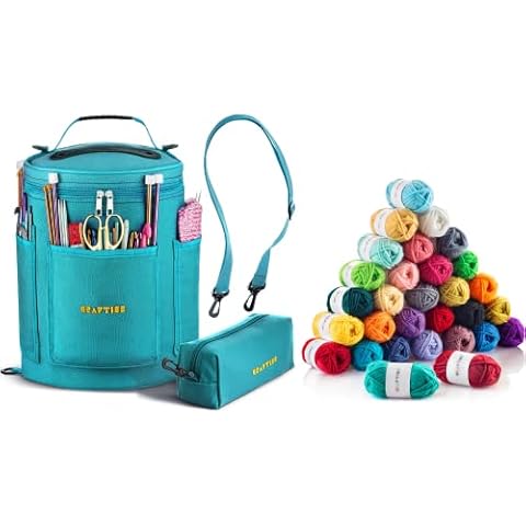 Starter Pack of 30 Acrylic Yarn Skeins with Turquoise Yarn Storage Bag Bundle Cover