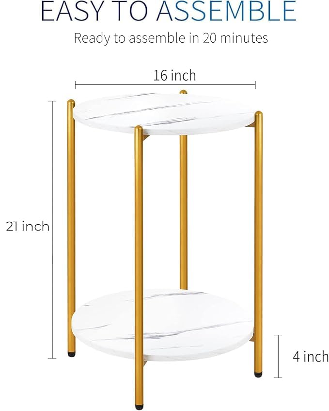 Image of Round End Table 2-Tier Side End Table with White Marble Top,Bedside Table for Living Room or Bedroom, Modern Accent Table with Metal Frame (Gold & Black)