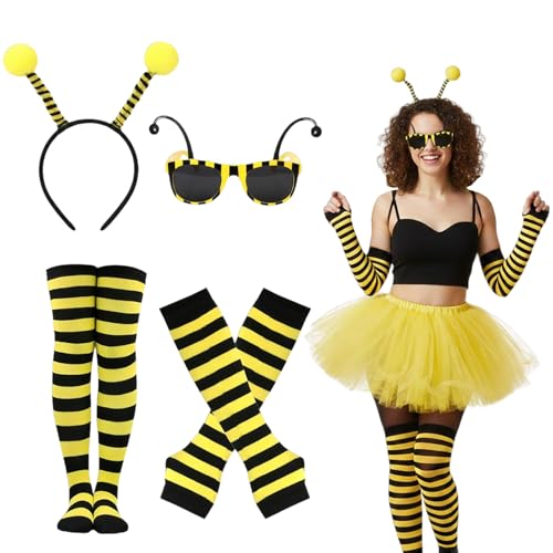 4 Stück Bienenkostüm Erwachsene, Bienen Kostüm Damen, mit Gestreifte Überkniestrümpfe Lange Handschuhe Bienen Haarreif Fühlern Brille, Faschingskostüm Biene Damen für Fasching Karneval Cosplay Party