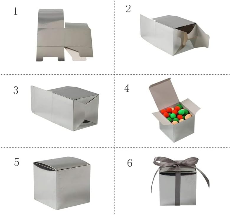 KUPOO 50PCS Favor Boxes,Candy Boxes 2.2x2.2x2.2 Inches Small Gift Boxes with Ribbons for Wedding Baby Shower Decorations Birthday Party Supplies (Silver) - Image 3