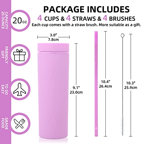 Volhoply 20oz Plastic Skinny Tumblers Bulk 4 Pack,Double Wall Tumbler with Lid and Straw,BPA Free Matte Acrylic Water Cups for Parties,DIY Gift(Purple,4 Set) - Image 3