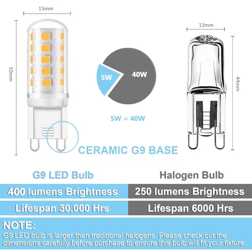 G9 LED Bulbs, 5W, 400LM, Cool White 6000K, 40W Halogen Bulbs Equivalent, Non Dimmable, No Flicker, 360° Beam Angle, Energy Saving Light Bulbs Lamps for Home Ceiling Lights (Pack of 10)