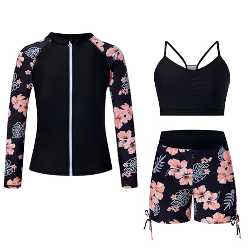 Image of Funnycokid Girls Swimsuit 3 Pieces Zip Rash Guard Bathing Suits Set Kids Bikini Boyshort Summer Swimwear 3-14 Years