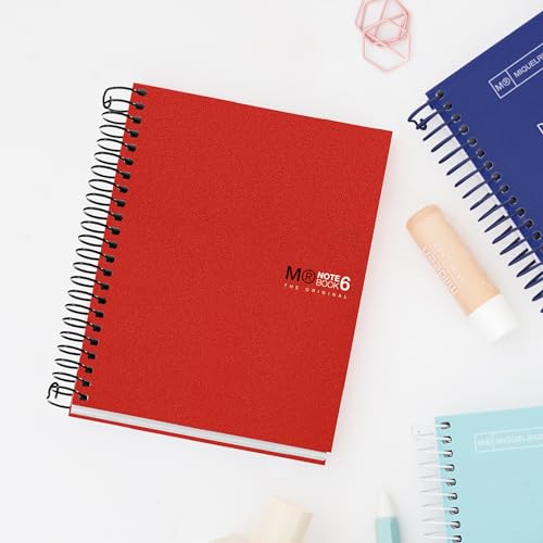 Image of Miquelrius - The Original A6 Notebook, 6 Coloured Stripes, Opaque Polypropylene Cover, Size 105 x 148 mm, No Drilling, 150 Sheets of 70 g /m, 5 mm Square, Red