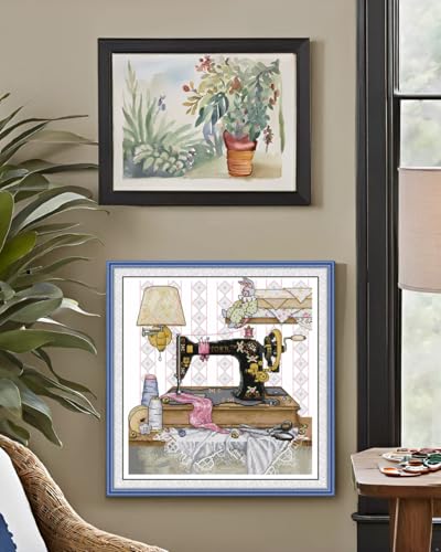 Image of CaptainCrafts Cross Stitch Kits for Adults Counted Cross Stitch Unprinted Fabrics Needlework Craft Home Decor (Counted 14CT, Sewing Machine with Yellow Wall lamp)