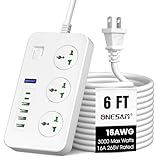 Cruise Ship Power Strip with 4 USB Ports & 2 USB-C, 6ft Extension Cord with 3 AC Outlets, 2-Prong Plug,Charging Station, Built-in Child Safety Cover, No Surge Protector for Travel,Dorm Room Essentials