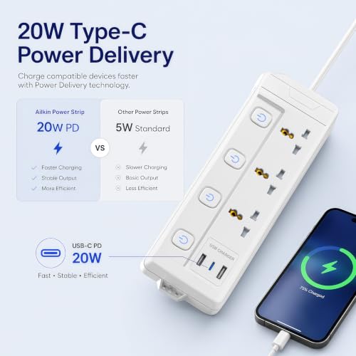 Image of AILKIN 3 Socket Universal Extension Board with Individual Switches, 3 Pin Power Strip with Heavy Duty Cable, Multi Plug Extension Box for Home, Office, TV, Laptop, Mobile Charger & Appliances (White)