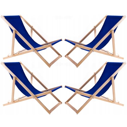 Woodok Juego de 4 tumbonas de madera de haya, tumbona plegable para jardín, playa, balcón y terraza, respaldo ajustable, tejido resistente a la intemperie, soporta hasta 120 kg (azul)