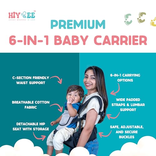 Image of HIYBEE 6-in-1 Baby Carrier with Ergonomic Hip Support | Multi-Position Carrier for Newborns & Toddlers | Soft, Breathable & Secure Design. Max Weight up to 15 Kgs