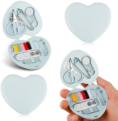 Amaxiu Mini podróżny zestaw do szycia, przenośne podróżne materiały do szycia DIY z uroczym etui w kształcie serca, zestaw naprawczy do szycia z igłą do szycia, bawełniany drut, guzik, nożyczki,