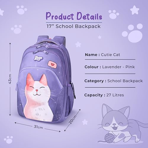 Image of Gear Cutie Cat 17 inch /27L Large Water Resistant School Bag | Casual Backpack | Daypack | Travel Backpack | Kids Bag for Boys /Girls (Lavender - Pink)